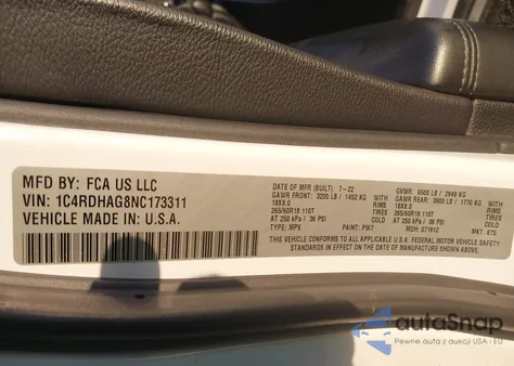 2022 Dodge Durango Sxt Rwd из США, поврежденный, VIN 1C4RDHAG8NC173311